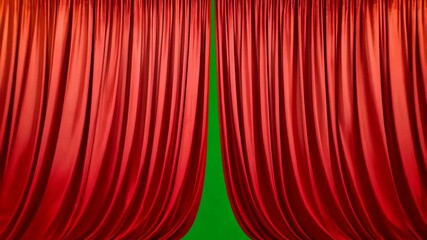 Red curtains closing against a green screen chroma key background. Velvet luxury stage/theatre/concert curtain. Elegant awards entrance fabric blinds transition. Theatrical curtain motion graphics.