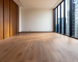 Obraz premium Executive office suite under construction, luxury wood paneling and floortoceiling windows being installed, sophisticated design, late afternoon