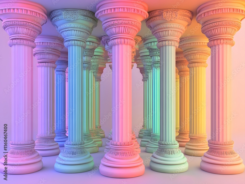 Aufkleber A vibrant and colorful display of classical columns in pastel hues, creating a mesmerizing architectural environment that blends tradition with modern aesthetics and creativity.