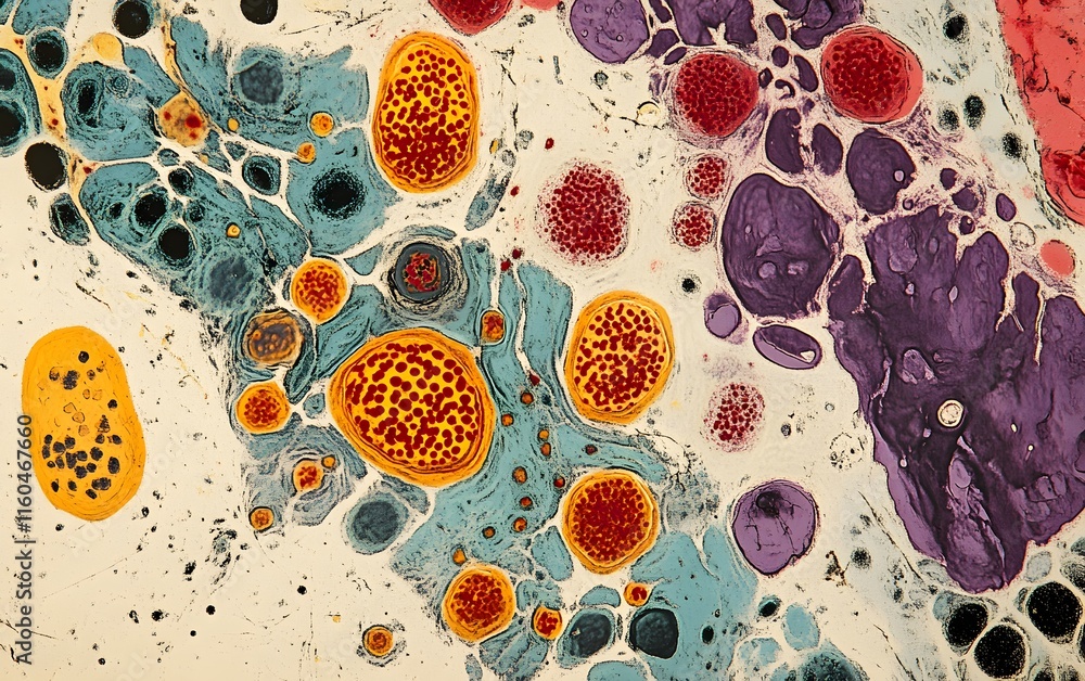 Poster a vibrant microscopic view showcasing colorful cellular structures and patterns in a fluid medium. t