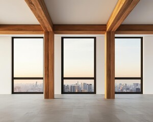 Obraz premium Openplan office space with elegant wooden beams and high ceilings under construction, large glass windows overlooking city, early evening light