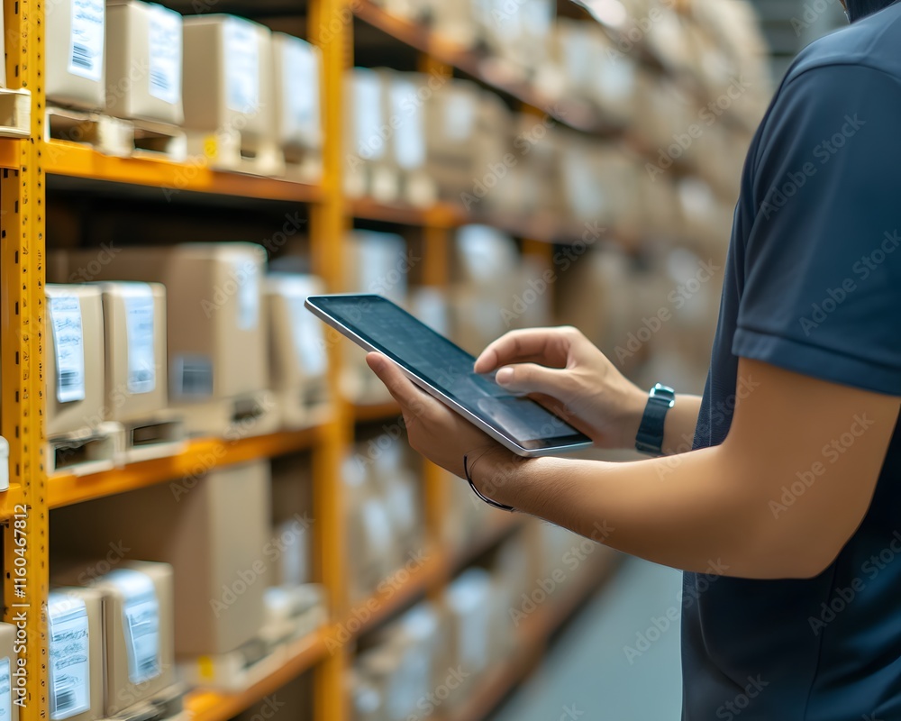 Poster a warehouse worker using a tablet to manage inventory, surrounded by neatly stacked boxes. this mode