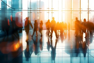 Silhouetted Figures Walking in Modern Urban Setting at Sunset