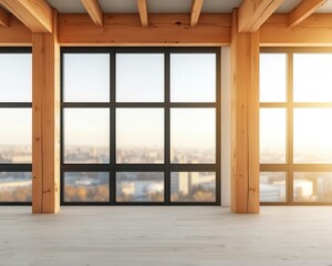 Openplan office space with elegant wooden beams and high ceilings under construction, large glass windows overlooking city, early evening light
