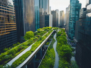 A lush, green urban landscape with elevated gardens amidst skyscrapers, showcasing a blend of nature and architecture.