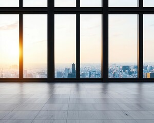 Large corporate office under construction, sleek steel beams and glass windows, workers installing wood flooring, modern city view, early morning