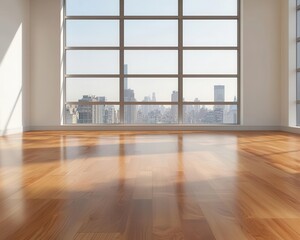 Openplan executive office space with polished wood floors and glass walls under construction, panoramic city views, warm midday light
