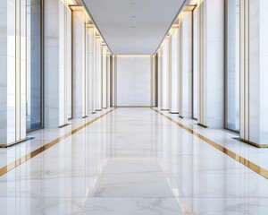 Luxury office lobby under construction with gold trim accents and marble floors, workers applying finishing touches, soft sunset lighting