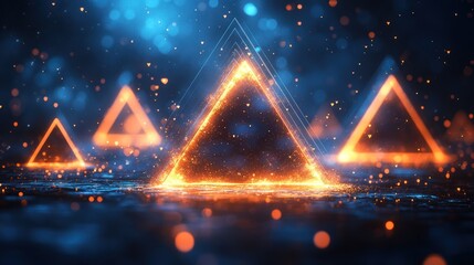 A futuristic blue geometric design featuring glowing triangles, dynamic lines, and gradient textures