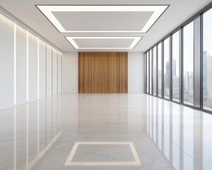 Fototapeta premium Office conference room with luxury wooden walls and marble floors under construction, workers installing sleek lighting fixtures, bright afternoon sun