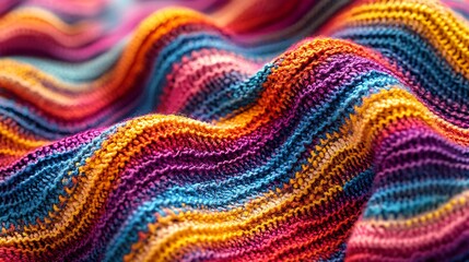 A close-up of a multi-colored knitted texture with a wavy striped design.
