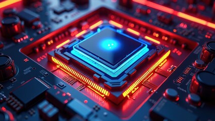 Abstract View of an Illuminated Microchip on a Circuit Board

