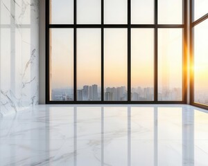 Office with marble reception area under construction, modern lighting fixtures being installed, glass doors and windows overlooking city, soft sunset glow