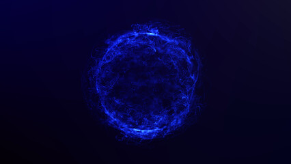 Abstract  energy sphere from chaotic particles and waves . Magical glowing orb on a dark  background. Dark blue electric futuristic moving core. 4K 60 fps