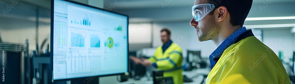 Poster an engineer in safety gear analyzes data on a large screen in a modern industrial workspace, showcas