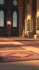 Obraz premium A serene interior space featuring ornate rugs and decorative windows, likely a place of worship.