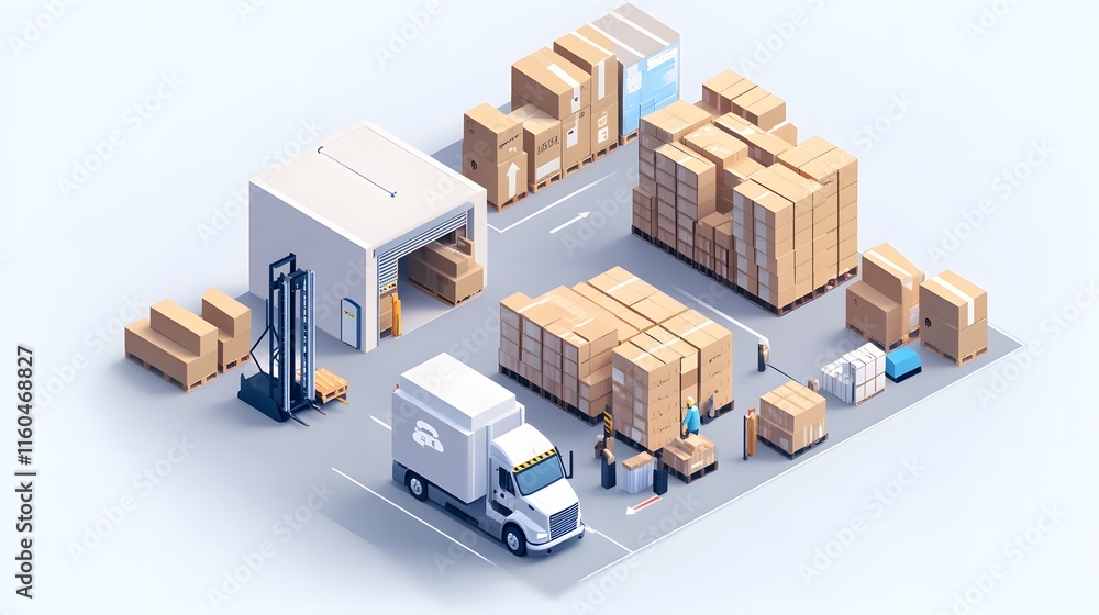 Poster an isometric view of a busy warehouse loading area with stacked boxes, a forklift, and delivery truc