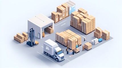 An isometric view of a busy warehouse loading area with stacked boxes, a forklift, and delivery truck, illustrating logistics and supply chain operations in a clean, modern design.