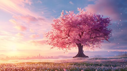 A magnificent and beautiful cherry blossom tree standing alone, with a beautiful view of the city buildings