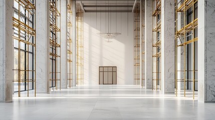Office lobby under construction with marble pillars and gold accents, scaffolding surrounding the walls, chandeliers yet to be installed, soft sunset light