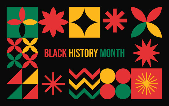 Abstract flat geometric background for 
Black History Month celebration poster, 
banner, card, vector, pattern, template design 
with modern simple shape of stars, 
flowers, colors, icon