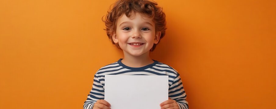 A playful four-year-old boy with a striped shirt, clutching a blank white canvas sheet, soft orange background, contagious grin.