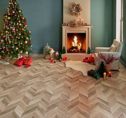Christmas tree and fireplace with new year concept, parquet, furniture in the green wall background.