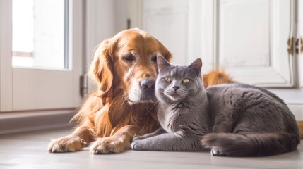 Golden retriever and gray cat cuddle indoors, laying on floor.