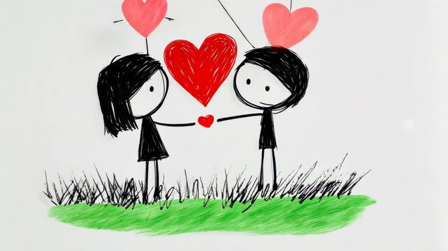 Couple of cartoon characters holding hands and a heart. The heart is red and the couple is smiling