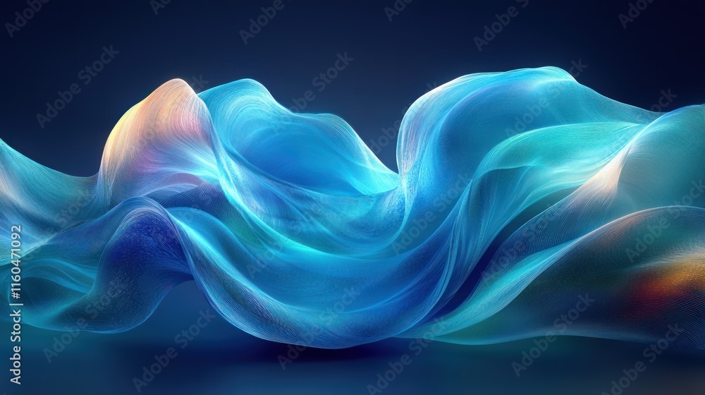 Poster a modern circle frame with vibrant wave lines, emphasizing motion and fluidity in blue and green