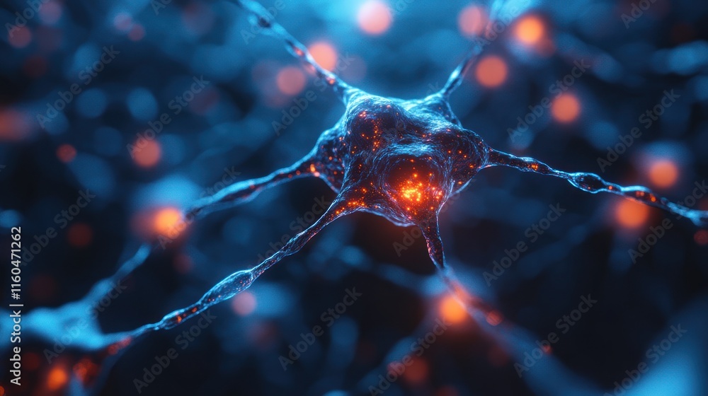 Poster a neural network on a dark blue background, with glowing nodes and connected pathways representing a