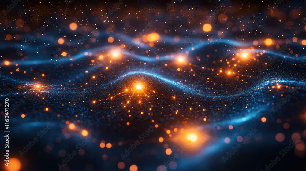 Poster a neural network on a dark blue background, with glowing nodes and connected pathways representing a