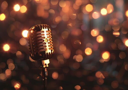 Vintage microphone with golden bokeh lights on dark backdrop.