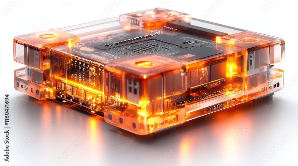 Poster a transparent processor ai chip with glowing internal components and a sleek, modern design, on soli