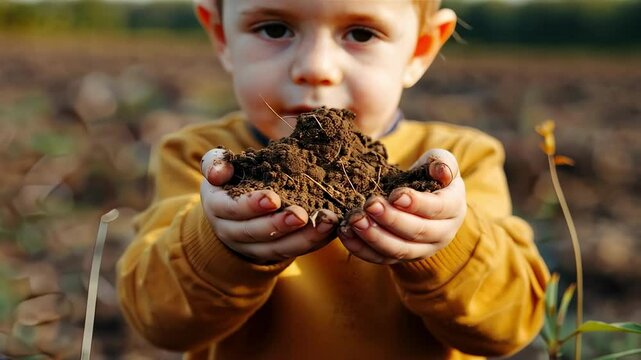 the child holds the earth in his hands. Selective focus