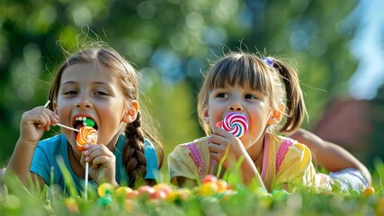 children eat candy on the lawn grass. Selective focus