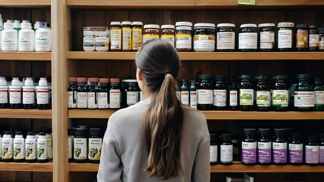 Rear/back view of a woman with a ponytail is standing in front of a shelf filled with food supplement bottles Female customer examining the products on the shelf in a pharmacy or retail store.