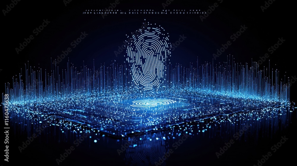 Poster digital fingerprint emerging from a glowing circuit board, showcasing technology and security.