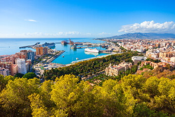 Naklejka premium Malaga city aerial panoramic view in Andalusia, Spain