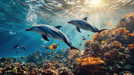 Dolphins Swim Gracefully Over Vibrant Coral Reef