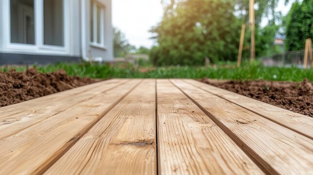 Backyard garden with halfinstalled wooden deck, construction materials scattered around, sunny suburban afternoon