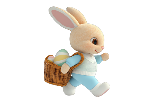cheerful bunny carrying basket of colorful eggs for Easter fun