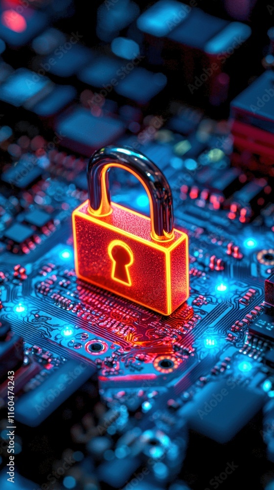 Poster glowing digital padlock on a circuit board, symbolizing cybersecurity and data protection.