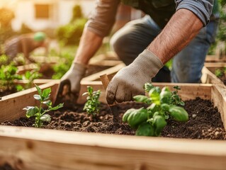 Fototapeta premium Raised garden beds being built, workers laying wooden borders, suburban home in the background, bright afternoon sun
