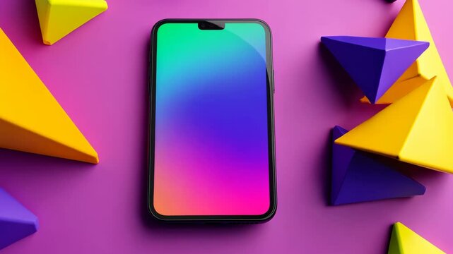 Phone is displayed on a purple background with a colorful geometric pattern. The phone is turned off and the screen is blank. Scene is minimalistic and modern