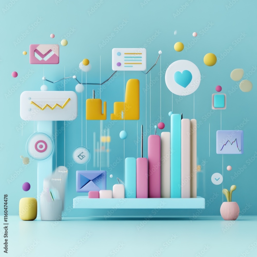 Poster 3d pastel data visualization chart on a shelf.
