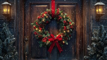 Festive Christmas Wreath Adorns Wooden Door In Snowy Night