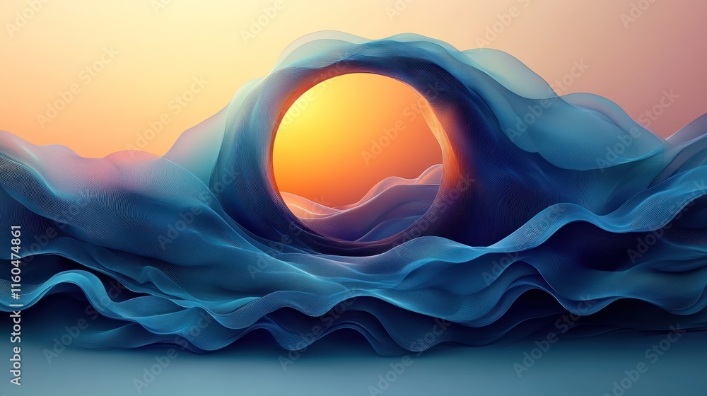 Poster an abstract circle frame with dynamic blue and green wave lines, creating a modern and sleek design