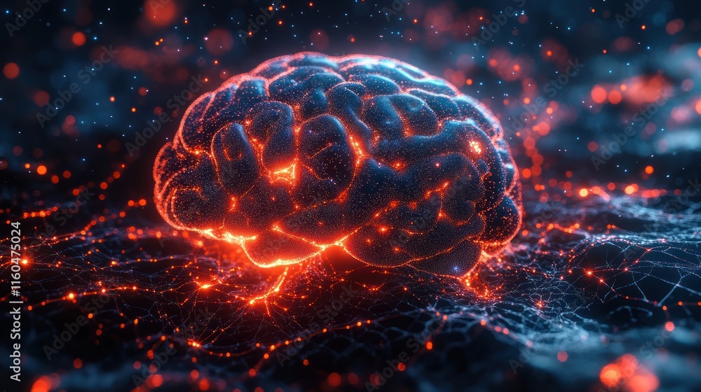 Poster an ai brain design with intricate neural pathways, glowing lights, and a futuristic aesthetic