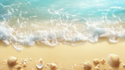 Ocean wave washes ashore on sandy beach with seashells